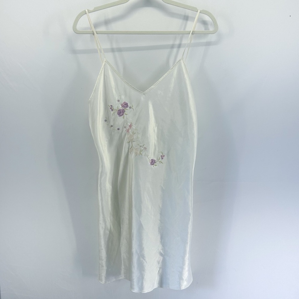 Vintage California Dynasty Ivory Satin Floral Embroidered Mini Slip Dress Med